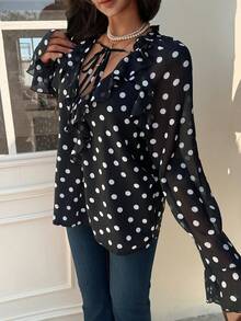Blusa de mujer EARO con cuello en V con volantes de lunares, de manga larga, ajuste regular, tela sin estiramiento, para vacaciones de primavera, color negro - Negro - Ver 5