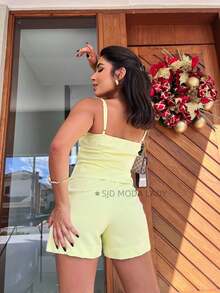 SJD MODA LADY Solid Tailored Set Chic Youth Asymmetrical Hem Top With Elastic Back Padding - Màu vàng - Xem 3