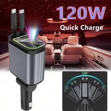 Fast Charging Mobile Car Charger Four-In-One Retractable Car Charger 66W Fast Charging With Ambient Lighting Effect And Red Starry Sky Ceiling Lamp 180° Adjustable Plug Built-In Type-C/IOS Interface Retractable Cord Length 80cm Suitable For IPhone 16/15/14/13 Plus/Pro/Pro Max/Android Mobile Phones Compatible With Samsung S23/22 Pixel And Other S23 Series Mobile Phones/Tablets Suitable For Daily Commuting Long-Distance Driving Driving Charging And Other Scenarios Auto Accessories Auto Essentials Spring Gift - one-size - View 2