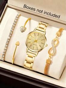 4 Stücke Damen Quarz Uhr Halskette Ohrringe Ring Schmuckset, elegant und wunderschön, minimalistisches Retro Römisches Zifferblatt für den täglichen Gebrauch, Partydekoration oder als Geschenk zu Valentinstag, Muttertag, Geburtstag, verschiedene Festtage für Freunde und Mütter - Verschiedenfarbig - Übersicht 1