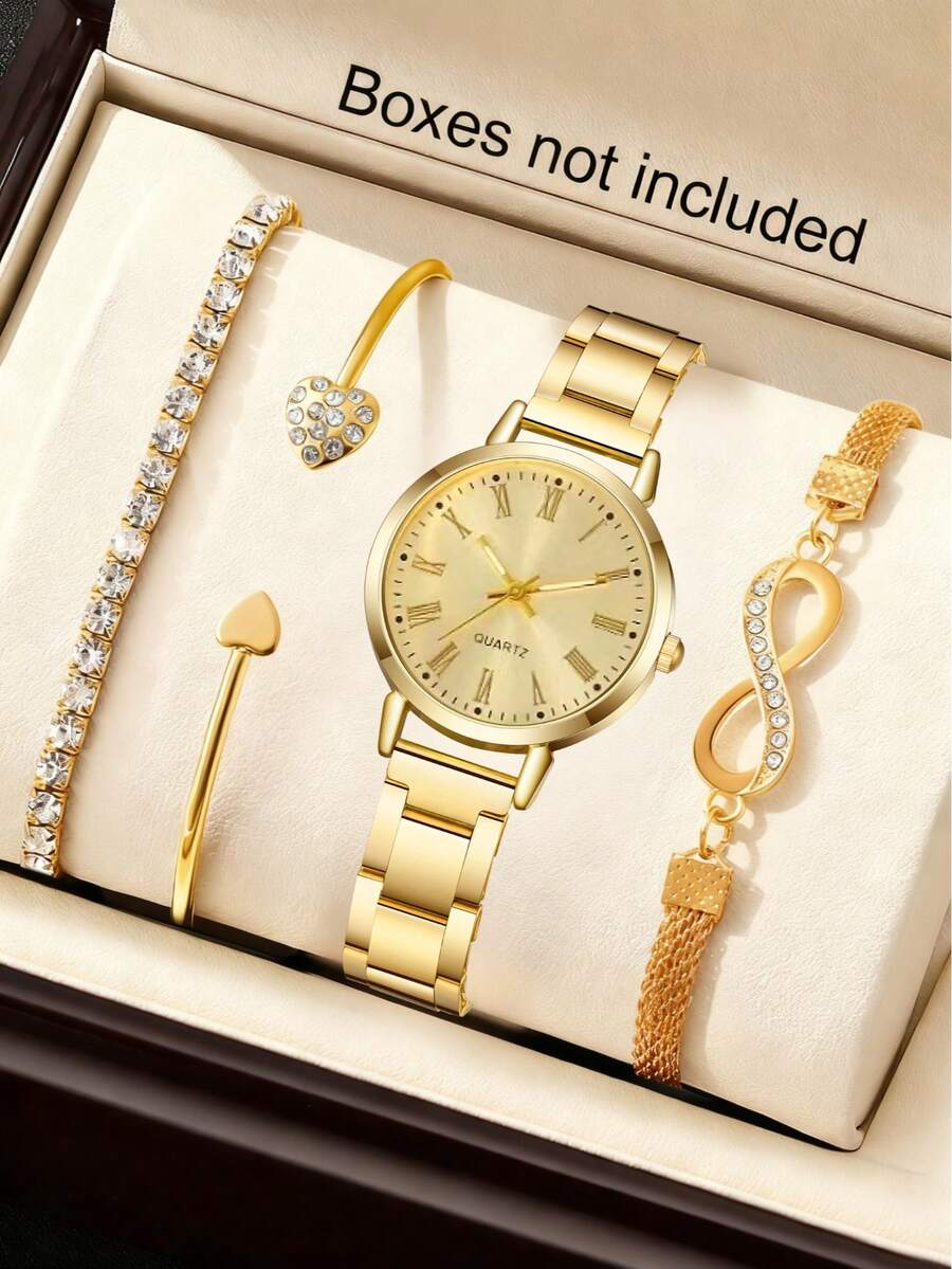 4 Stücke Damen Quarz Uhr Halskette Ohrringe Ring Schmuckset, elegant und wunderschön, minimalistisches Retro Römisches Zifferblatt für den täglichen Gebrauch, Partydekoration oder als Geschenk zu Valentinstag, Muttertag, Geburtstag, verschiedene Festtage für Freunde und Mütter - Verschiedenfarbig - Übersicht 1