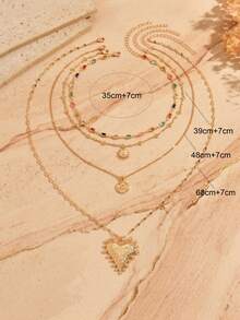 4pcs/Set Fashionable Colorful Crystal Necklace, Elegant Versatile Gold Sun, Moon, Heart Multilayer Necklace, Suitable For Daily Wear And Party Occasions - Multicolor - View 4