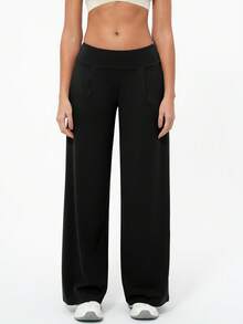 1pc Women Loose Fit Cinched Waist Pockets Wide Leg Sports Pants - Black - View 7