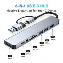 Estación de acoplamiento multifunción 8 en 1 USB, Hub USB para computadora, Hub USB-C, Lector de tarjetas TF/SD, Salida de audio de 3.5 mm, Compatible con MacBook Pro/ Pro/Aleación de aluminio con 4 puertos USB para transferencia de datos - Plateado - Ver 6