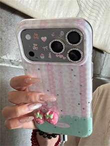 可爱3D粉色草莓波点蕾丝拼接图案闪亮亮片手机壳，兼容 17 Pro Max、17 Pro、16 Pro Max、15 Pro Max、14 Pro Max、13 Pro Max、14、15、16 Plus、12 Pro Max、11，夏季闪亮星星亮片亮面IMD软后盖 - 草莓 - 查看 3