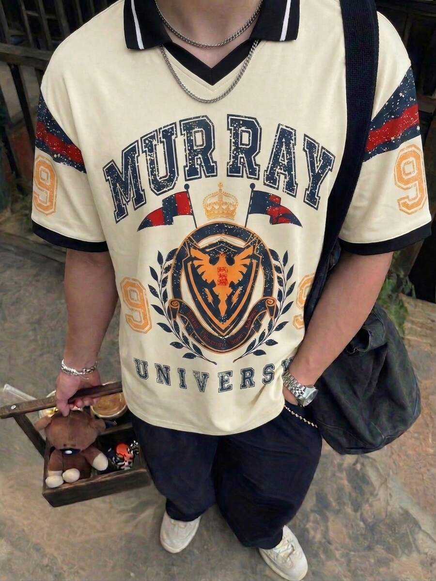 Men's Murray Letter Eagle Striped Slim Fit Polo Shirt, Casual Street Style, Loose Fit, Comfortable Jersey Fabric, Summer - Multicolor - View 1