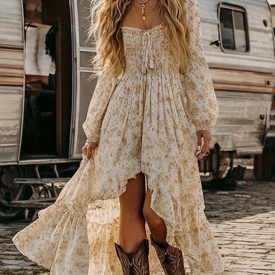 Plus Size - Plus Size - Plus Size Women'S Dresses, Elegant Vintage Style, Unique And Fashionable, Perfect For Casual Vacations, A-Line Printed Dresses - 米色 - 查看 1