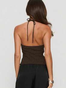 Áo tank top nữ gợi cảm, đa năng, đính hạt cườm, kiểu cổ yếm, hở lưng, họa tiết sọc, hàng mới về mùa xuân/hè, phong cách thường ngày. - màu nâu - Xem 3