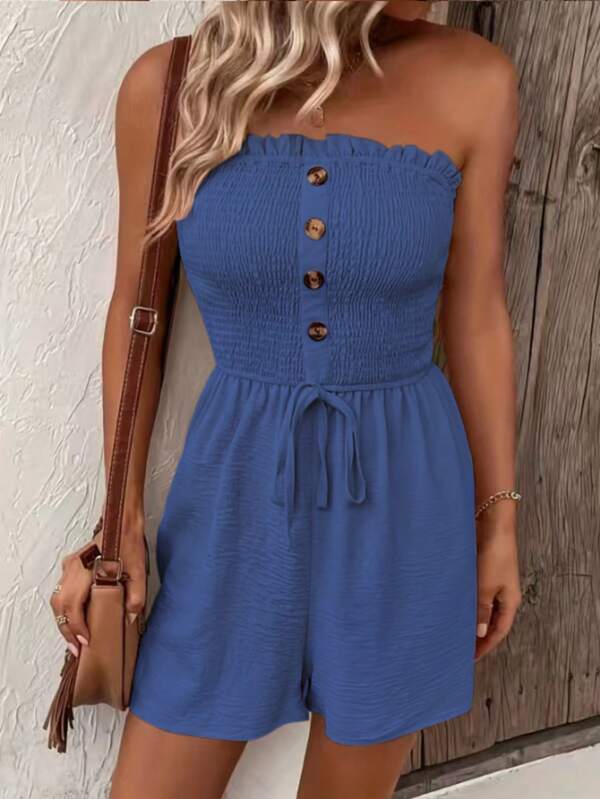 Women's Solid Color Halter Tie Front Button Jumpsuit Elegant Summer