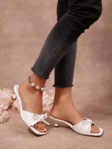 Women's Elegant Solid Color High Heel Sandals, PU Leather & Mesh Splice, Suitable For Beach, Party, Outdoor In Summer - White - View 7