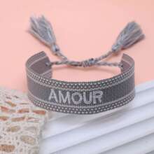 1pc Handmade Embroidered French "AMOUR" Creative Woven Retro Bracelet, Suitable For Couples, Holiday Gift, Blessing Cord - Grey - View 5