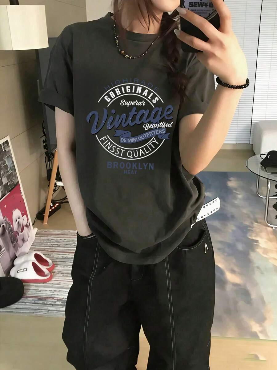 Japanese Style Women's Loose Round Neck Casual Versatile Printed Short Sleeve T-Shirt, Spring/Summer - Dark Grey - View 1