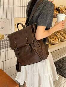 JIANSHANGGUSHI 建尚古仕女士复古时尚双肩包，多口袋装饰设计，通勤百搭 - 咖啡棕 - 查看 3