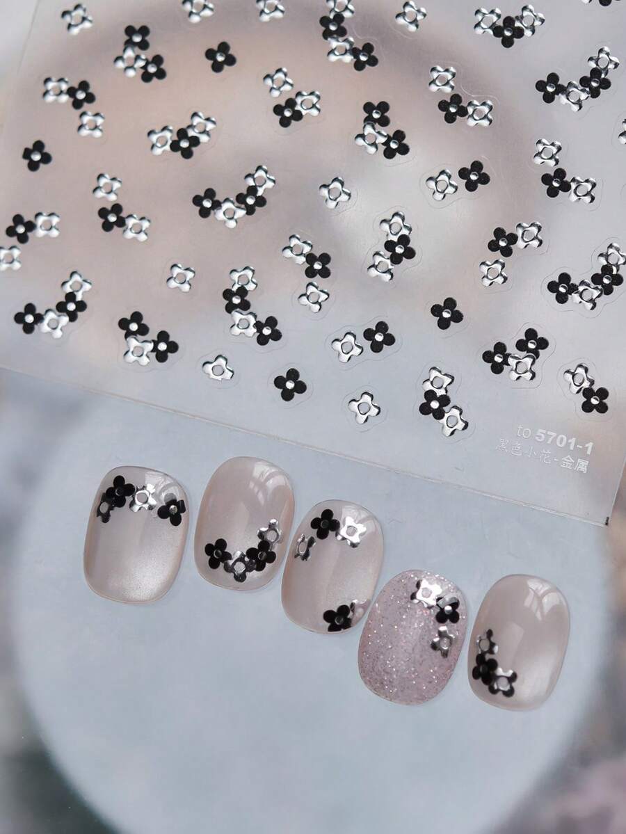 1款可爱黑银色金属花朵美甲贴纸，精致花朵自粘3D美甲贴纸，DIY美甲贴纸 - 彩色 - 查看 1