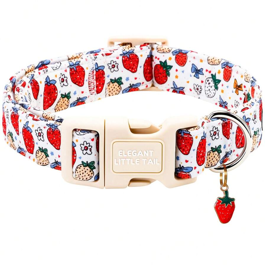 Collar elegante de perro con cola pequeña, con patrón suave de fresa rosa, collar de mascota ajustable con hebilla de liberación rápida para hembra o macho - Amarillo - Ver 1