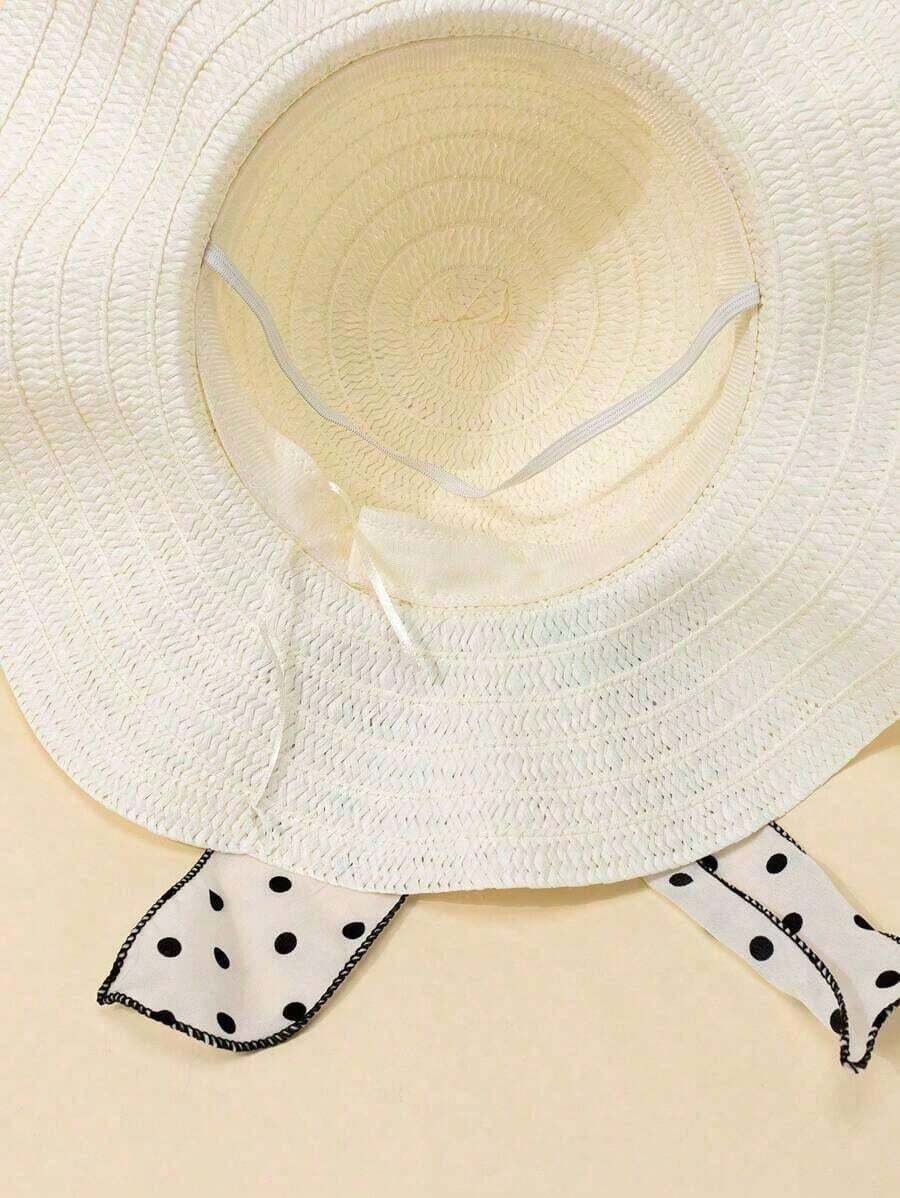 1 Summer Women's White Wavy Polka Dot Bow Beach Sun Hat, Elegant And Sun-Protective, Suitable For Beach Trips And Vacations. - 卡其色 2 - 查看 1