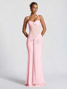 Sexy Spaghetti Strap Backless Waist Cinched High Slit Dress, Mesh Patchwork Vacation Party Dress - 粉色 - 查看 13