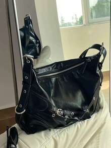 Women's Korean Niche Design Motorcycle Bag, Retro Versatile Fashion Commuter Shoulder Bag For Daily/Work Use - Black - View 4