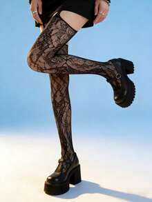 1双蕾丝玫瑰图案镂空网眼过膝袜，镂空设计，适合夏季日常聚会、派对、郊游，也可作为圣诞礼物。 - 黑色 - 查看 9