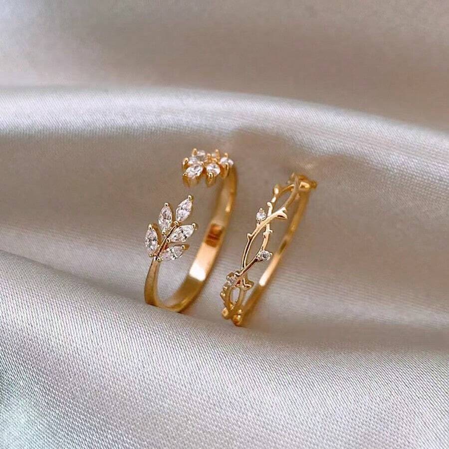 1 Set de Anillo Abierto de Piedra y Hoja de Estilo de Gato Elegante y de Lujo - Dorado - Ver 1