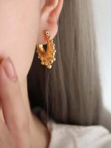 MiDuoDuo 2pcs French Aesthetic Textured Metal Gear Earrings, Titanium Steel High-End Fashion Accessories For Women - Vàng - Xem 5