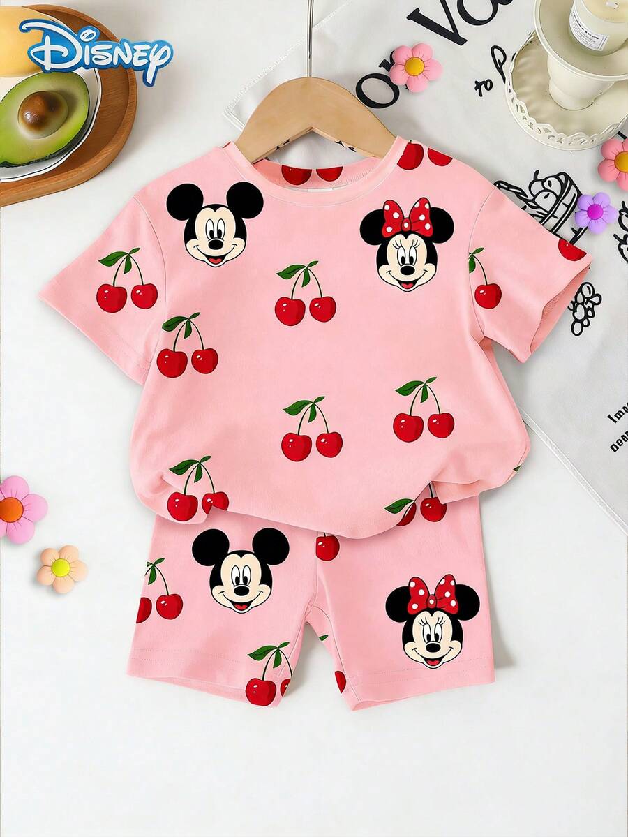 Disney 夏季女宝宝两件套,可爱米奇米妮印花短袖T恤和短裤套装,休闲女宝宝日常基础款樱桃水果印花针织圆领T恤和松紧腰裤,户外度假装 - 粉色 - 查看 1