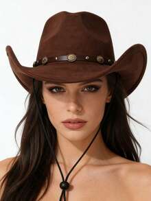 1 pieza Sombrero vaquero de mujer de estilo occidental, material de ante sintético, decoración metálica clásica y diseño con cordón, adecuado para uso casual, actuaciones en el escenario, reuniones al aire libre, disponible en varios colores, adecuado para primavera/otoño - sombrero floral de gamuza - Ver 3
