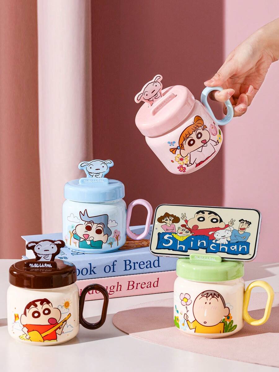 CRAYON SHINCHAN Cốc sứ có nắp đậy, có thể dùng làm giá đỡ điện thoại, cốc sứ dễ thương có tay cầm - Lựa chọn quà tặng hoàn hảo - Nhiều màu - Xem 1