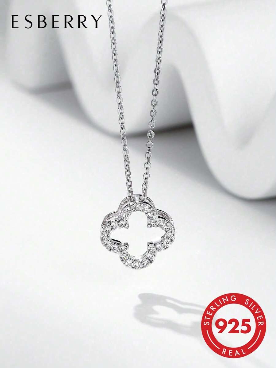 ESBERRY 1 chiếc dây chuyền hình cỏ bốn lá bằng bạc sterling 925 sang trọng, độc đáo, đính đá Zirconia, thích hợp cho nữ giới đeo hàng ngày, làm quà tặng sinh nhật/kỷ niệm.