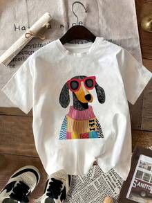 2025 Spring/Summer New Women's Round Neck Dog Print Fashion Short Sleeve Casual T-Shirt - 白色 - 查看 1