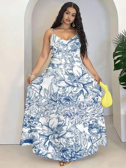 Blue And White Floral Print Maxi Dress Women Spaghetti Strap Summer Long Dress Boho Style Beach Party Dress Elegant Evening Gown