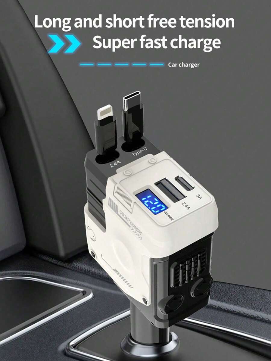 4-In-1 Retractable Car Charger, USB-C Fast Charging Adapter With Lightning Cable And Dual Charging Ports, Compatible With IPhone 15/14/13/12 Pro Max Plus/ And Galaxy S23/S22/S10 Smartphones And Other Electronics - Multicolor - View 1