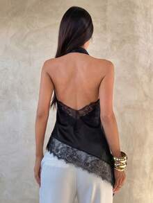 性感时尚百搭露背蕾丝拼接不对称吊带背心，春夏新款，缎面材质，女士度假装 - 黑色 - 查看 3