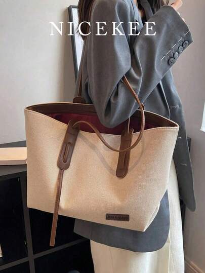 Fashionable Large Capacity Color Blocking Versatile Tote Bag, Niche Design Personalized Daily Shoulder Bag, Casual Label Simple Underarm Bag, Suitable For Shopping, Commuting, Work, Daily Outings, And Parties