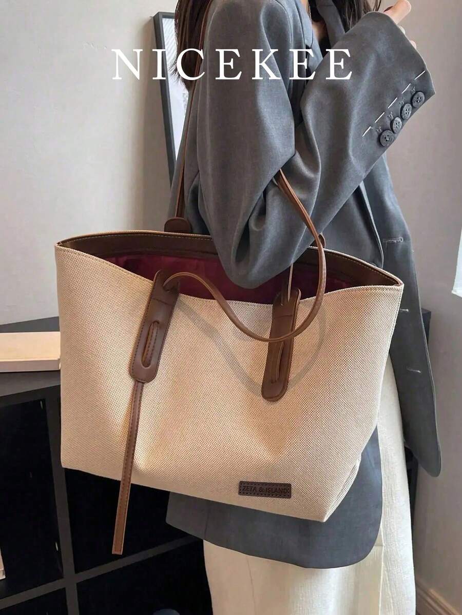 Bolsa Tote Versátil de Blocos de Cor de Grande Capacidade e Moda, Bolsa de Ombro Personalizada de Design de Nicho para Uso Diário, Bolsa Casual de Alça Simples, Adequada para Compras, Deslocamentos, Trabalho, Passeios Diários e Festas