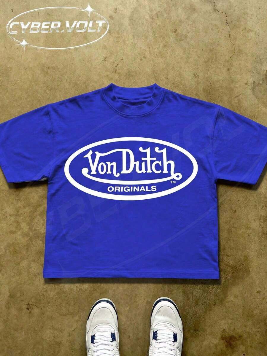 Dutch Manfinity Y2K Style Print (180G Pure Cotton T-Shirt) Cotton T-Shirt - Soft And Breathable, Green Print 100% Pure Cotton Fabric - Comfortable And Vibrant Summer Streetwear Short-Sleeved T-Shirt, Cool Motorcycle Design, Vintage Summer Everyday Wear T-Shirt 4Th Of July Graphic Tees - 藍色 - 查看 1