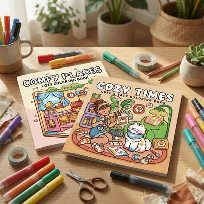 1 Bộ Sách Tô Màu Dễ Thương "Không Gian Ấm Cúng & Khoảnh Khắc Thư Giãn": Những khung cảnh đáng yêu, ấm cúng và thư giãn, phù hợp cho thanh thiếu niên và người lớn thư giãn và chăm sóc bản thân, món quà hoàn hảo cho mùa cưới và Ngày của Mẹ.