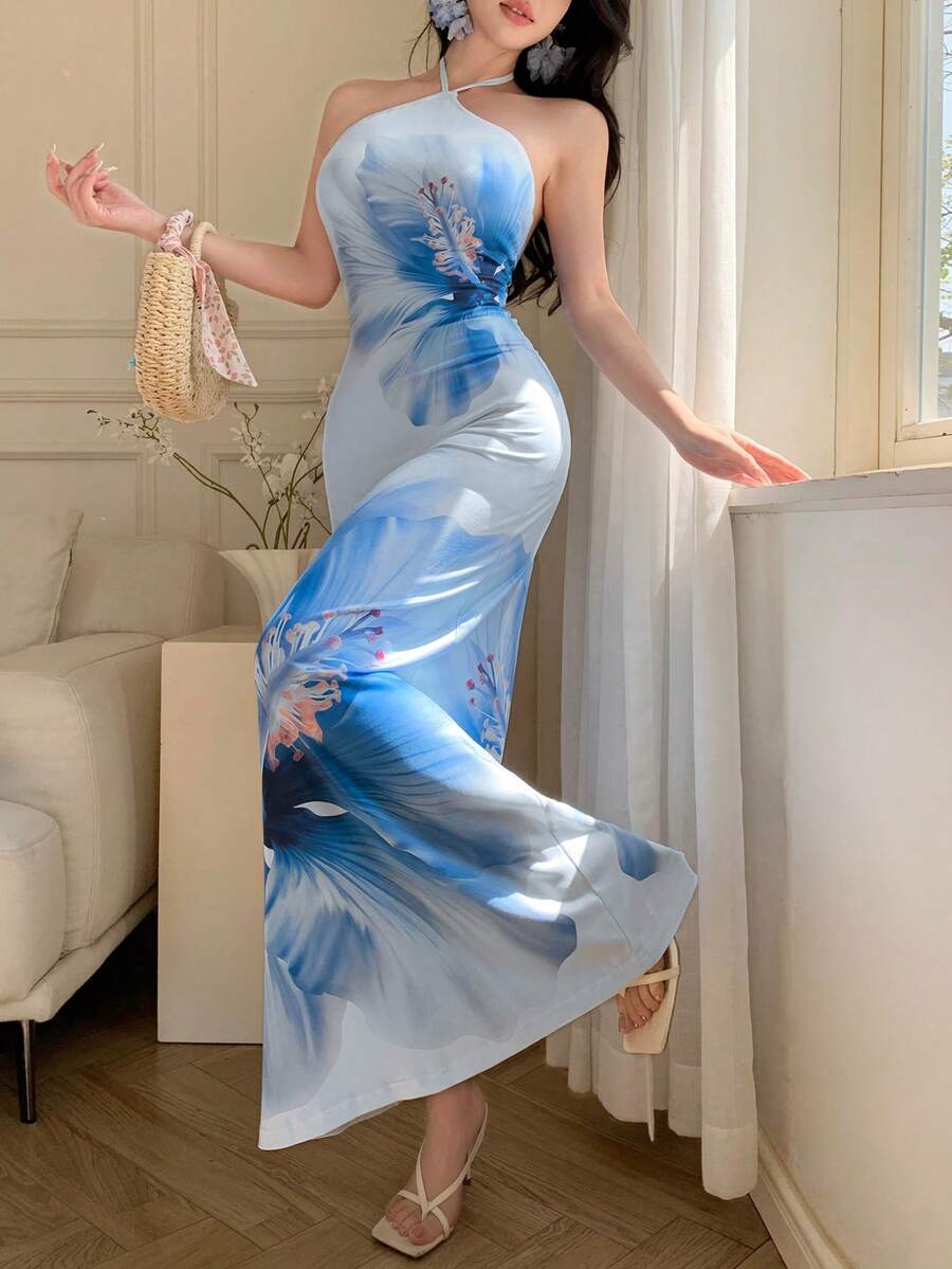 abyoxi 女士蓝色碎花印花优雅休闲度假性感露背系带紧身长裙，适合沙滩派对、婚礼宾客、毕业季、假期、舞会季、婚礼节庆、春夏度假等场合。 - 藍色 - 查看 1