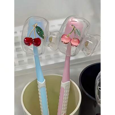 2d Flat, Featuring Pink Crystal Cherry And Green Crystal Cherry Toothbrush Holders Cute Design Travel And Home Storage Organizer With Transparent Lid, Compact And Portable Design For Easy Carrying, Protects Toothbrush Head, Features Dual Holes For Drainage And Ventilation,For Home, Dorm & On-The-Go Use | Cute Toothbrush Head Holder For Bathroom Organization, Ideal For Home, Dormt
