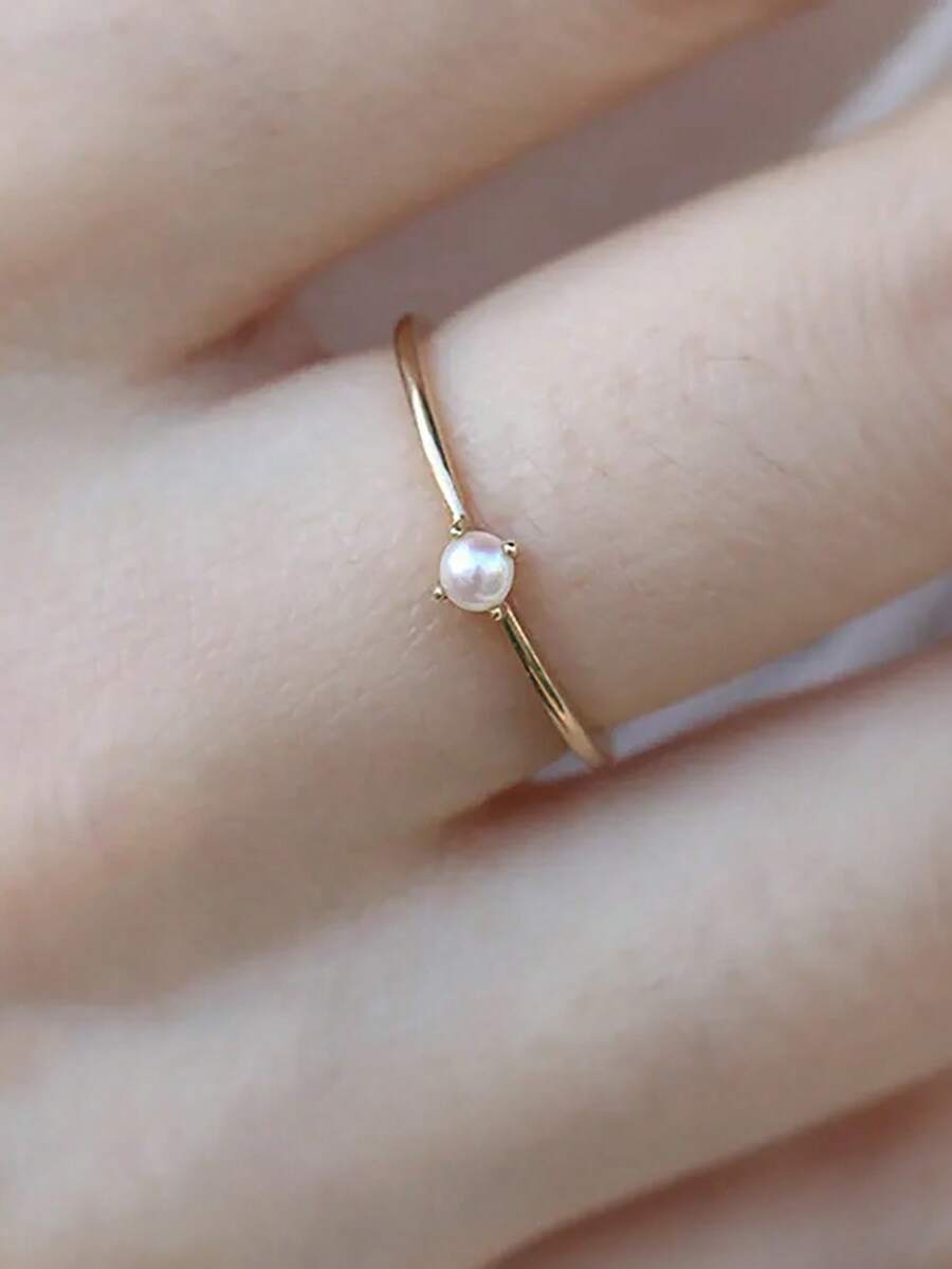1枚简约18K镀金精致四爪珍珠戒指，适合日常佩戴 - 金色 - 查看 1