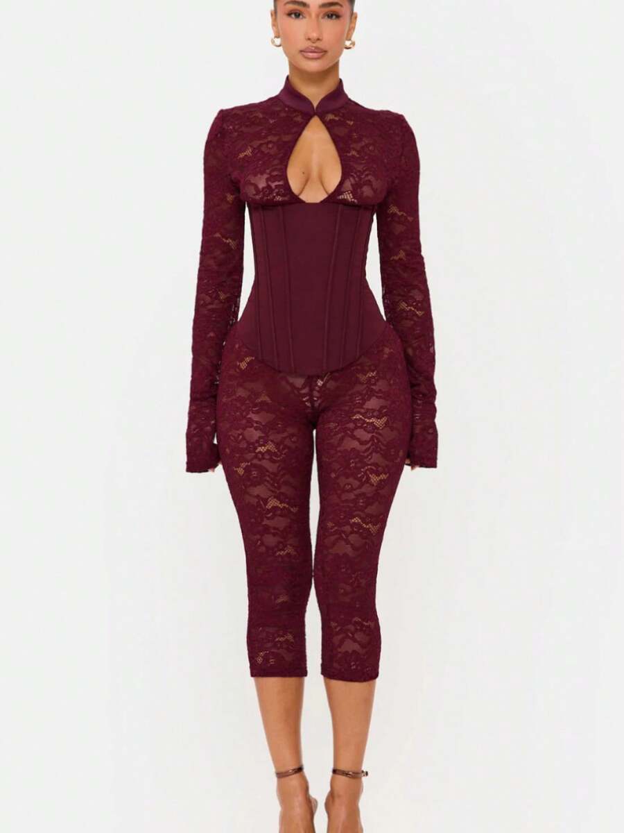 2026 New Sexy Fashion Lace Hollow Out Slit Slim Waist Belted Sleeveless Dress For Women - 紅色(褲子)現貨 - 查看 1
