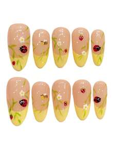 10 Stücke handgemachte Aufkleb-Nägel mit Marienkäfer und Biene, gelbe französische Spitze mit Blumen- und Insektenmotiv, kurze ovale Acryl-Kunstnägel für Frühlingspicknick, Geschenk, Alltagsgebrauch, mit Gelee-Kleber und Nagelfeile, DIY Nail Art Zubehör - Gelb - Übersicht 5