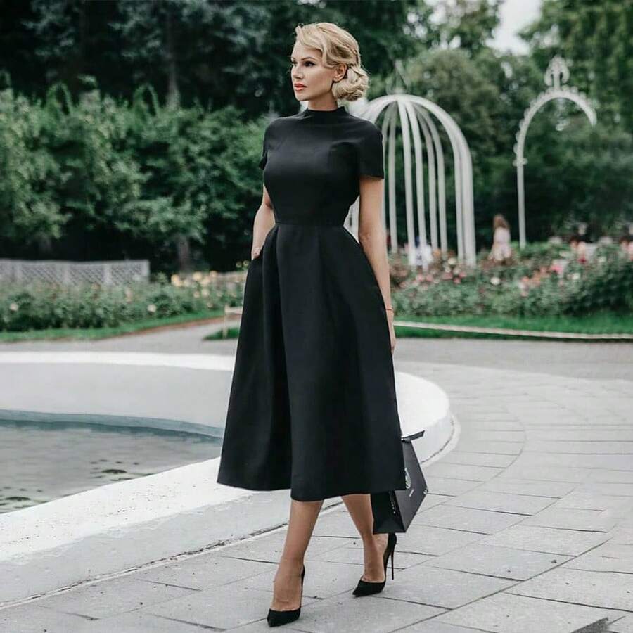2026 European And American Women's Fashion Round-Neck Short-Sleeve Elegant Waist-Cinching Slimming Party Dress With A Large Hem - 黑色 - 查看 1