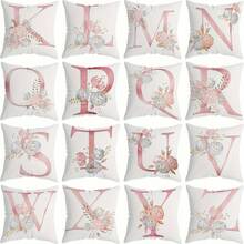 Floral Letter Pillow Cover 18x18 Inch - Farmhouse Monogram ABC Single Sided, Textured Polyester Decorative Throw Cover For Bedroom Sofa, Birthday Party Gift Ready Home Decor (No Insert) - West - View 2