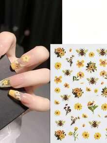 1 Sheet 2026 Spring/Summer Handmade Custom Viral 3D Bee & Flower Nail Art Stickers, Nail Jewelry, Nail Accessories, Nail Decals, Parts, Components, Nail Art - Multicolor - View 2