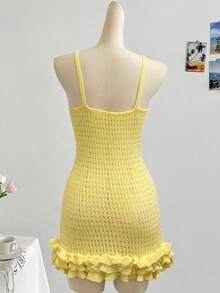 纯色荷叶边/立体荷叶边3D花卉假日沙滩夏季新款女士黄色镂空针织吊带连衣裙，短款荷叶边修身连衣裙，性感度假派对约会春季装扮 - 黃色 - 查看 4