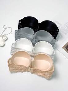 4pcs Lace Patchwork Bras For Women, High Support Thick Padded Lining, Removable Straps, Half Cup Strapless, Floral Lace Design, Suitable For Daily Wear, Wedding Dresses And Strapless Tops - Multicolor - View 4