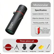 Kính viễn vọng một mắt cầm tay này mang đến khả năng quan sát rõ nét, sắc sảo ở khoảng cách cực xa nhờ thiết kế quang học tiên tiến. Được trang bị lăng kính truyền dẫn cao và công nghệ phủ nhiều lớp, nó tạo ra hình ảnh sáng, sắc nét mà không bị tối góc hay quang sai màu, giúp bạn quan sát các cảnh vật ở xa một cách sống động. - Ống nhòm 300*25 + kẹp điện thoại + chân máy - Xem 11