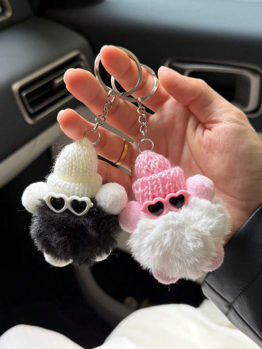 2pcs/1pc Pink & White Fluffy Pom Pom Keychain, Versatile Fashion Accessory For Couples, Suitable For Party, Cosplay, Outdoor, Commute, Beach, Outfit Matching, Makeup, Dance Party, Photography, Role-Playing, Holidays - Multicolor - View 1