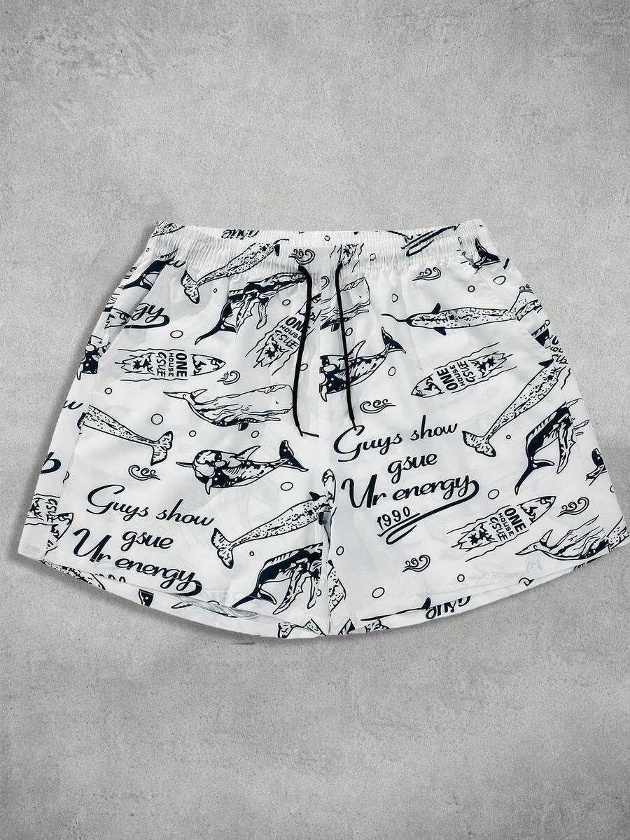 MAISONFOX Men's Loose Ocean Print Drawstring Waist Casual Shorts, Lightweight & Breathable, Suitable For Beach/Vacation In Summer, And Daily Wear In Spring/Summer - White - View 1